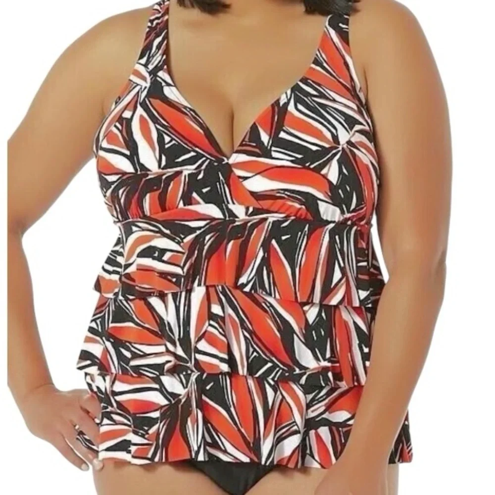 Tropical Escape Womens Plus Triple Tiered Orange Miami Palm Swimsuit